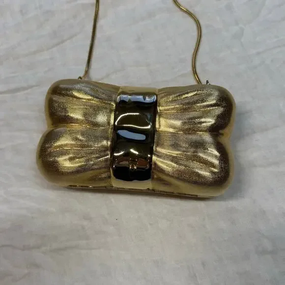 Vintage Saks Fifth Avenue Italy Bow Clamshell Gold Clutch Evening Bag - Picture 5 of 11
